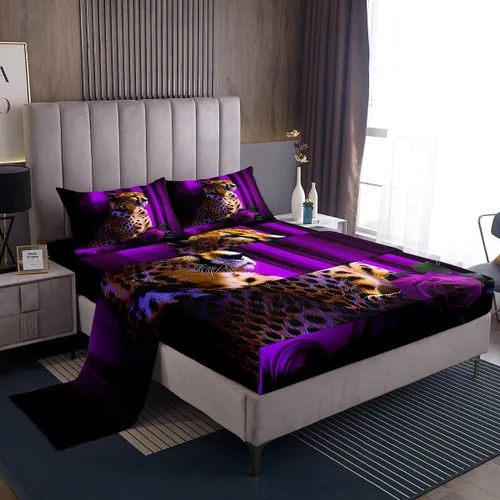 Vista 31 de Erosebridal Sábanas de cama de guepardo con rosa roja, juego de sábanas de bolsillo profundo con estampado de leopardo y gato, sábana bajera