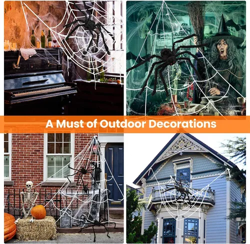 Vista 4 de Decoraciones de Halloween, 2 arañas gigantes de 50 pulgadas + telaraña triangular de 200 pulgadas y tela de araña redonda de 100 pulgadas