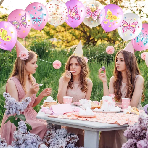 Vista 4 de Libima 45 globos de látex de mariposa para decoración de cumpleaños, globos de látex de hadas rosas y moradas, decoraciones para niñas, princesas