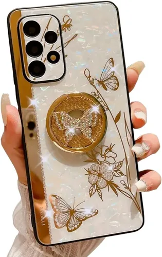 Vista 3 de Funda para Galaxy A32 5G con función atril, bonita carcasa de mármol con diseño floral y soporte de anillo, elegante funda protectora a prueba