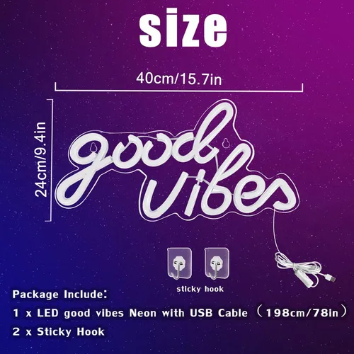 Vista 6 de Good Vibes - Letrero de neón LED para decoración de pared, luces de neón azules para dormitorio y fiesta, luz de neón brillante alimentada por USB