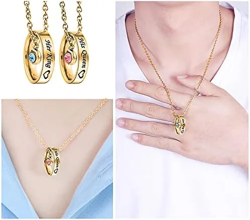 Vista 8 de MJartoria collares a juego para parejas, para él y ella, dijes de anillo grabados, con diamantes de imitación, regalo para novio y novia