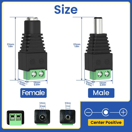 Vista 2 de 10 pares (10 x macho + 10 x hembra) 0.217 in x 0.083 in 12V DC conector adaptador de enchufe para tira LED, cable de cámara de seguridad CCTV