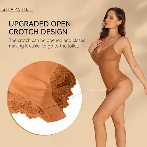 Vista 3 de SHAPSHE Body de encaje para mujer, con control de abdomen, sin mangas, cuello en V, sin espalda, camisola