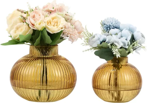Vista 42 de Jarrones de vidrio acanalado, juego de 2 jarrones estriados para flores, florero de vidrio ámbar para tulipanes, jarrón moderno para sala de estar