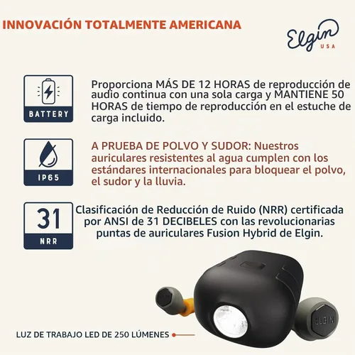 Vista 3 de Auriculares Elgin Rebel True Wireless, auriculares Bluetooth de reducción de ruido de 25 dB, micrófono con aislamiento de ruido, vida de batería