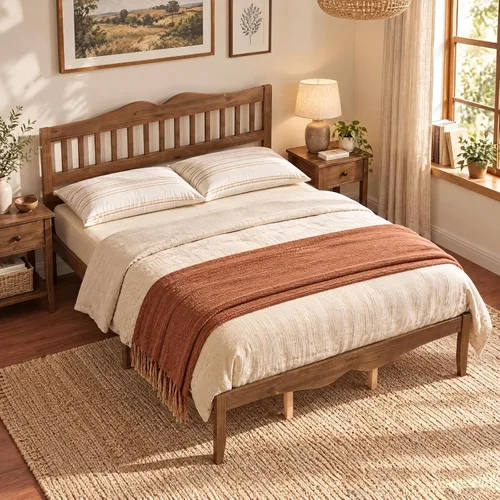 Vista 10 de KOMFOTT Marco de cama de tamaño individual con cabecero, cama de plataforma Nogal