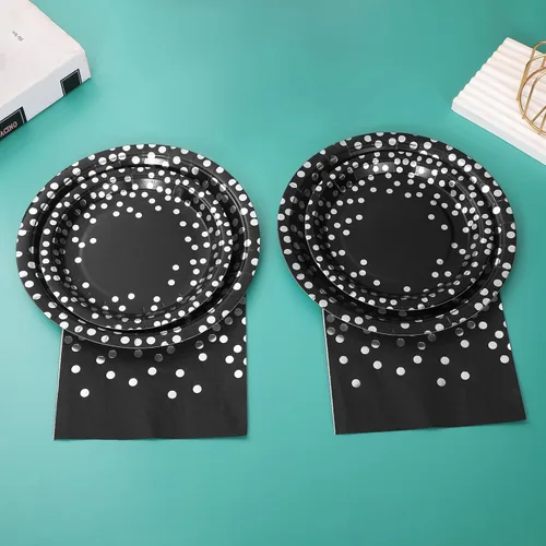 Vista 5 de 150 platos negros y servilletas suministros para fiesta, platos de papel negro Severs 50, decoraciones de fiesta plateadas para graduación