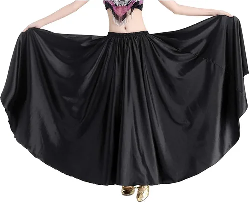 Vista 5 de Indian Trendy Falda de satén para mujer, de círculo completo, para danza del vientre tribal, con movimiento de Halloween Negro