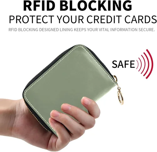 Vista 2 de Small RFID Credit Card Holder Wallet with Zipper, Leather Wallet Case for Women Light Green Background