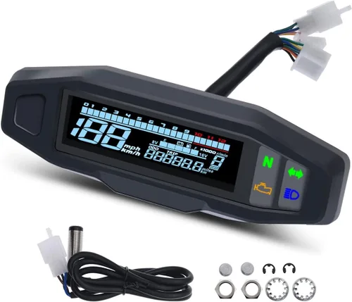 Vista 6 de KAOLALI Medidor de velocímetro digital para motocicleta RPM LCD tacómetro digital carburador medidor de odómetro (con sensor)