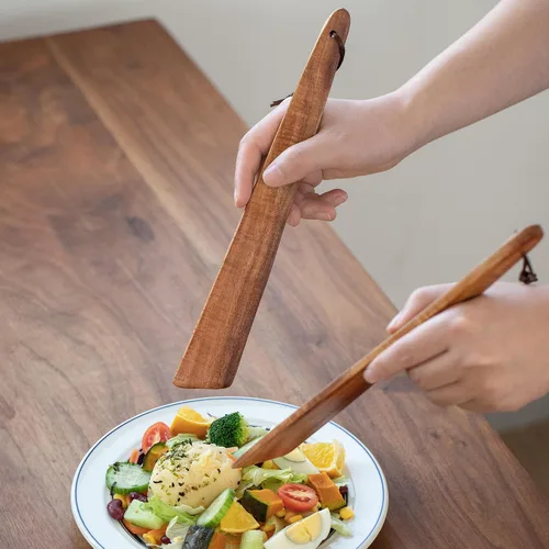 Vista 2 de Muso Wood Espátula de madera de acacia de 12 pulgadas para cocinar, aleta de madera pequeña, juego de espátulas antiadherentes, raspador de huevos