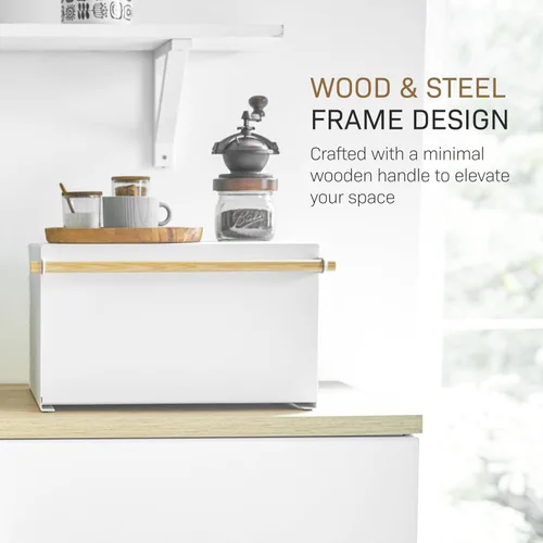 Vista 7 de YAMAZAKI Caja de Pan Moderna para el Hogar – Contenedor de Almacenamiento de Pan de Acero + Madera para Encimera, Caja de Pan Grande Blanca