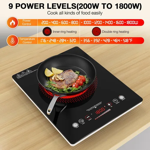 Vista 7 de VBGK - Cocina eléctrica de un solo quemador, estufa eléctrica de 110 V y 1800 W con control táctil LED, quemador eléctrico único de 9 niveles
