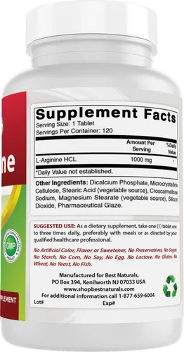 Vista 6 de Best Naturals L-Arginina 1000 mg, 120 Comprimidos - Suplemento de L-Arginina de Grado Farmacéutico Promueve la Síntesis de Óxido Nítrico