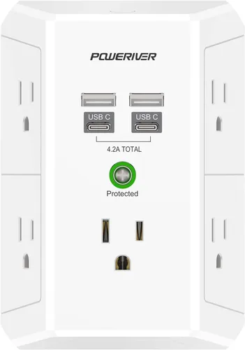 Vista 9 de POWERIVER - Extensor de sobretensiones multitoma de corriente con 5 salidas de CA y 4 puertos USB (2 USB C), 1,680 julios, divisor de salida