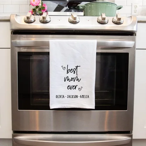 Vista 3 de Andaz Press Toalla de Cocina Personalizada, Toalla de Té de Saco de Harina, La Mejor Mamá de Todos los Tiempos Nombres Personalizados de Niños