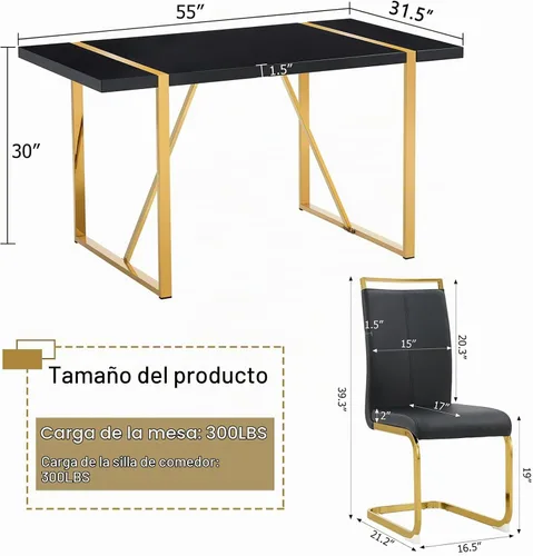Vista 3 de Conjunto de mesa y sillas de comedor Ebullient para 4, mesa rectangular negra de MDF y sillas de cuero PU negro, juego de mesa de comedor de 5