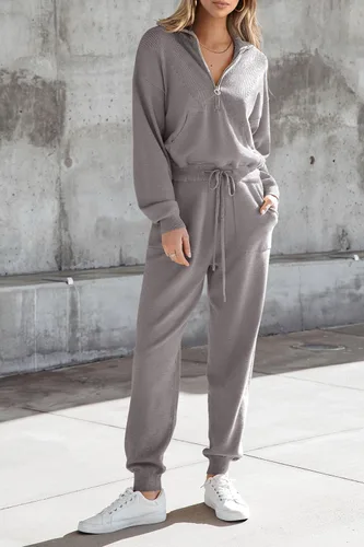 Vista 33 de PRETTYGARDEN Conjunto de suéter de 2 piezas para mujer, sudadera con cremallera, pantalones deportivos, ropa casual