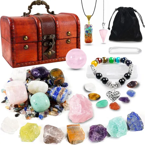 Vista 9 de Juego de 14 piedras de cristal curativo para chakras, con caja de madera de regalo para principiantes, meditación, reiki, yoga, colección
