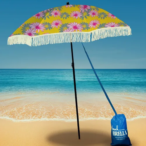Vista 33 de Sombrilla de playa para arena, resistente al viento, con bolsa de anclaje de arena, portátil, flecos, bolsa de mezclilla, cuenta con parte inferior