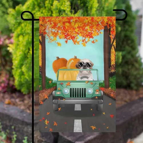 Vista 4 de Fieldtree - Bandera de jardín de Halloween, bandera de jardín de Shih Tzu conduciendo un vehículo, bandera de Halloween Shih Tzu, bandera de otoño