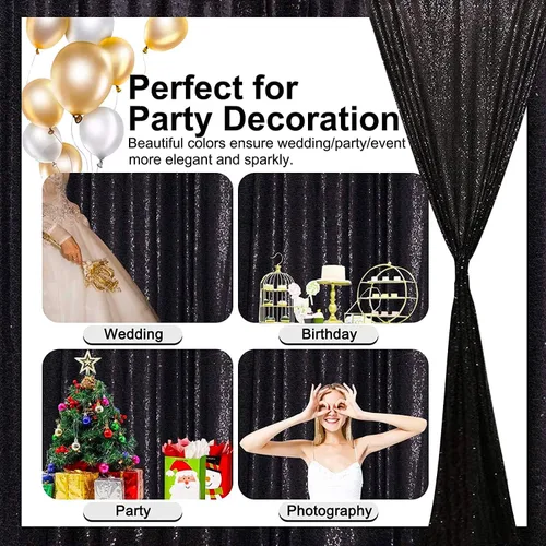 Vista 5 de Cortinas de Fondo de Lentejuelas Negras Cortinas Brillantes con Purpurina 2FTx8FT 2 Paneles para Decoraciones de Bodas Fiestas de Cumpleaños