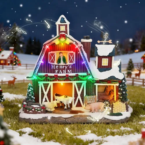 Vista 2 de Aldea Navideña Musical de Granja con Iluminación LED - Granero de Granja de 10.4", Gran Edificio Coleccionable de Navidad con Modos Duales de Luz