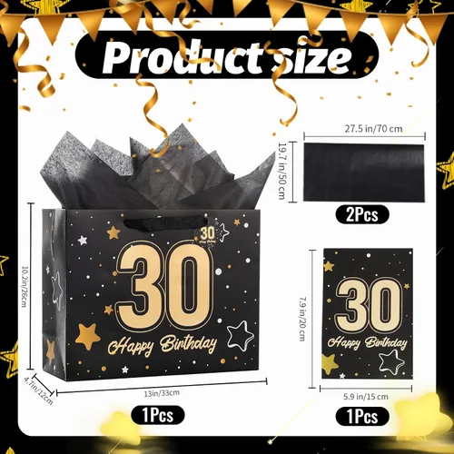 Vista 3 de Powbrace Bolsa de regalo de cumpleaños número 30 negra de 13 pulgadas con papel de seda y tarjeta de felicitación para fiestas, bolsa de regalo