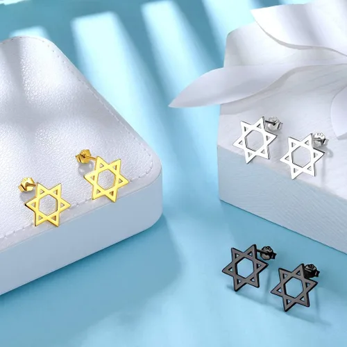 Vista 6 de Pendientes para mujer, diseño de estrella de Davidtriángulo geométricohexágono geométricotriskele celta en plata de ley, tono negro, pendientes