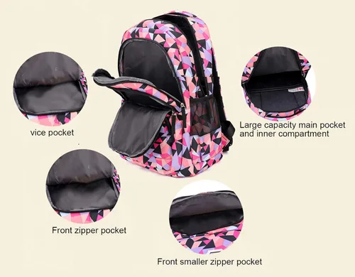 Vista 5 de JiaYou Niña Flor Impreso Primaria Junior High University School Bag Bookbag Mochila, 2# Rosa-3pcs, Viajar