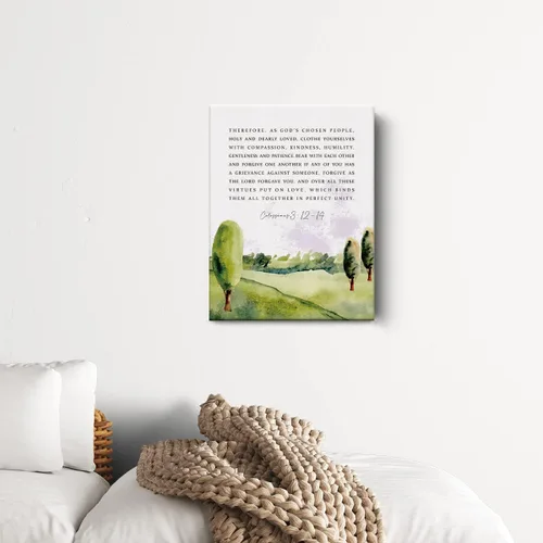 Vista 3 de Lienzo inspirador con versículo bíblico impreso, decoración de acuarela Colosenses 3: 12-14 escrituras cristianas, pósteres de pintura de 12 x 15