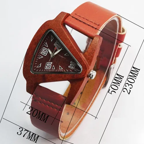 Vista 3 de Relojes de madera triangulares, color rojo, con correa de cuero, reloj de pulsera de cuarzo para mujer
