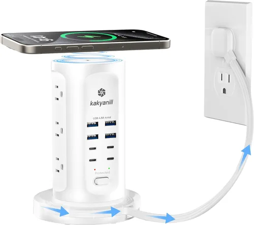 Vista 9 de Kakyanill Estación de carga USB de 30 W, torre de regleta de alimentación, 9 salidas de CA con 8 puertos USB (4 USB-C), cable de extensión retráctil