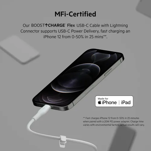 Vista 3 de Belkin BoostCharge Flex Cable USB-C a Lightning de silicona (3.3 ft/3.3 pies), cable de carga certificado MFi para la serie de iPhone con clip
