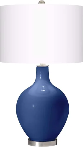 Vista 2 de Color + Plus Lámpara de mesa moderna de 28.5 pulgadas de alto, cristal azul Mónaco OVO blanco con pantalla de tambor de lino para sala de estar