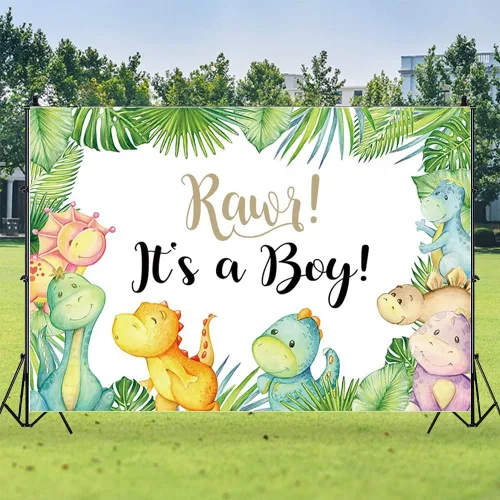 Vista 5 de Cartel de fondo de baby shower de dinosaurio pequeño de 7 x 5 pies con texto en inglés "It's A Boy" ("It's A Boy"), telón de fondo para baby shower
