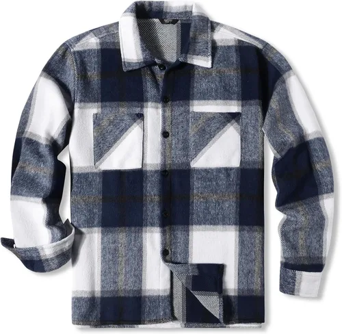 Vista 5 de COOFANDY Camisas de franela para hombre, casual, con botones, a cuadros, chaqueta de manga larga, chaqueta de forro polar con bolsillos