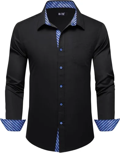 Vista 13 de Hi-Tie Camisa de manga larga jacquard con contraste interior sin arrugas para hombre