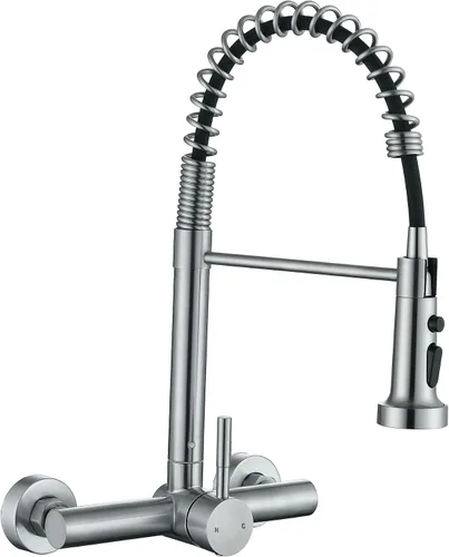 Vista 11 de Grifo de fregadero de cocina de montaje en pared con rociador de 8 pulgadas en el centro, grifo mezclador de fregadero de acero inoxidable de níquel