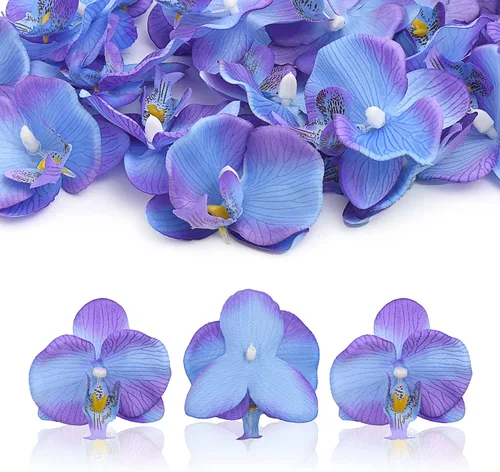 Vista 9 de Cabezales de flores artificiales de seda de Phalaenopsis, cabezas de orquídea mariposa falsas, rellenos de jarrón para el hogar, oficina, boda, Azul