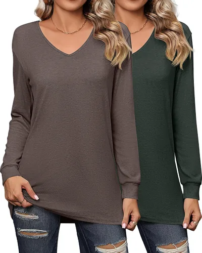 Vista 2 de Riyiper 2 camisetas de manga larga para mujer, cuello en V, lisas, casuales, holgadas, camisetas