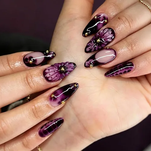 Vista 12 de Uñas postizas largas a presión, color negro, diseño francés y floral, 24