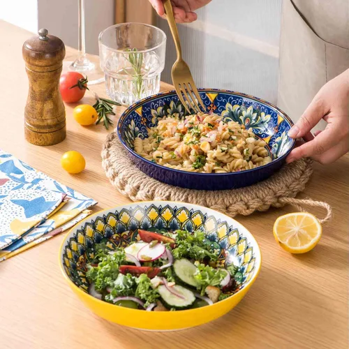 Vista 4 de Henten Home Juego de 6 cuencos de porcelana para pasta de 32 onzas, cuencos de cerámica para sopa, cereales, frutas, estilo bohemio, aptos