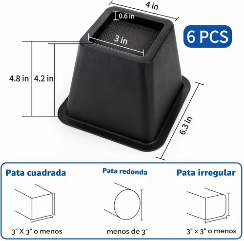 Vista 4 de Elevadores de cama de 4 pulgadas resistentes, paquete de 6 elevadores de muebles de plástico duradero, soporta 2200 libras para cama, sofá