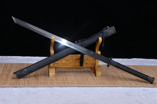Vista 9 de Espada ancha,Espada dao de oro negro real,Hoja de Damasco forjada,Accesorios de aleación,Espiga completa,Kung fu