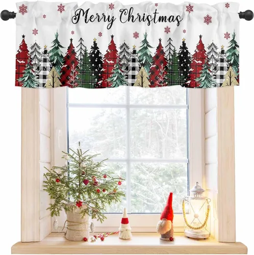 Vista 8 de Cenefa de Navidad para ventanas, cortinas de árbol de Navidad, cenefas con bolsillo para barra, cortinas cortas a cuadros para cocina, sala