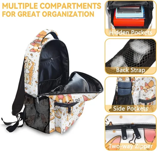 Vista 6 de Linda mochila Corgi, mochila escolar de 16 pulgadas con correas ajustables, duradera, ligera, mochila escolar