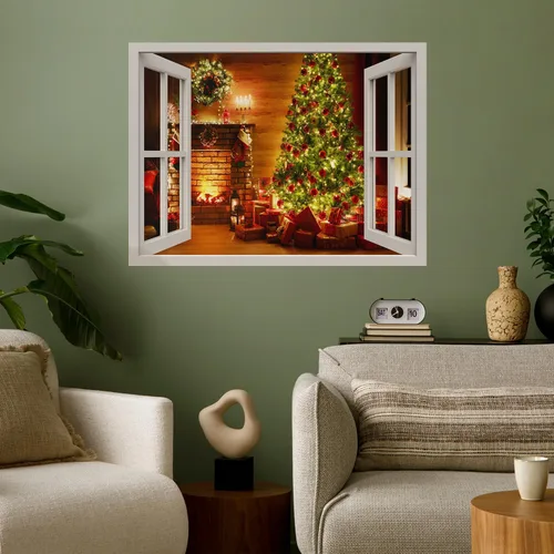 Vista 13 de wall26 Adhesivo de Pared Papá Noel Llevando Regalos Ventana Abierta Mural, No Se Despega y No Se Pega, Papel Tapiz No Tejido Decorativo