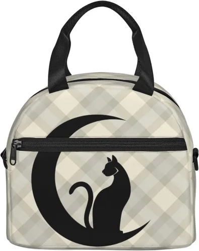 Vista 9 de Bolsa de almuerzo con diseño de gato negro a cuadros, reutilizable, aislada, bolsa de almuerzo con correa de hombro ajustable para oficina, trabajo